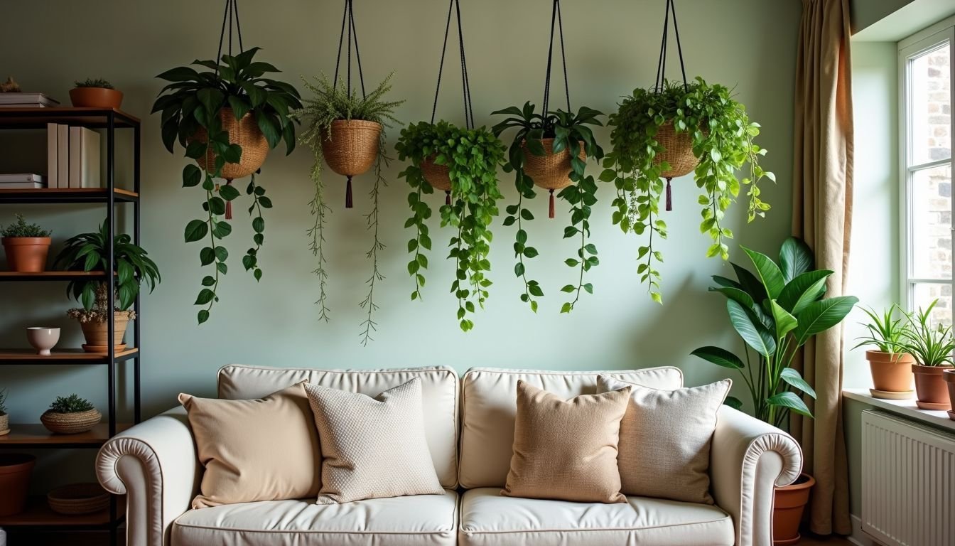 A living room with artificial hanging vines for a casual atmosphere.