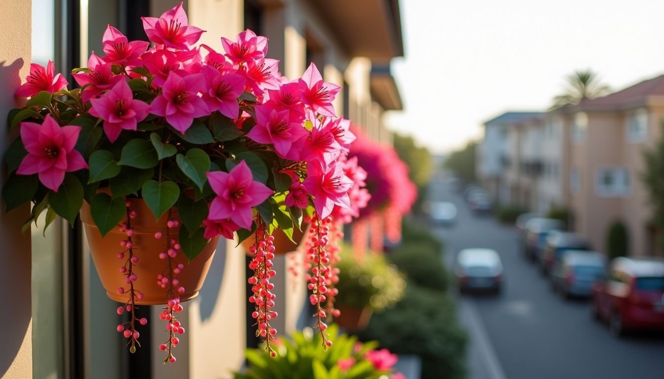 A lifelike artificial bougainvillea plant hangs from a UV-resistant balcony.