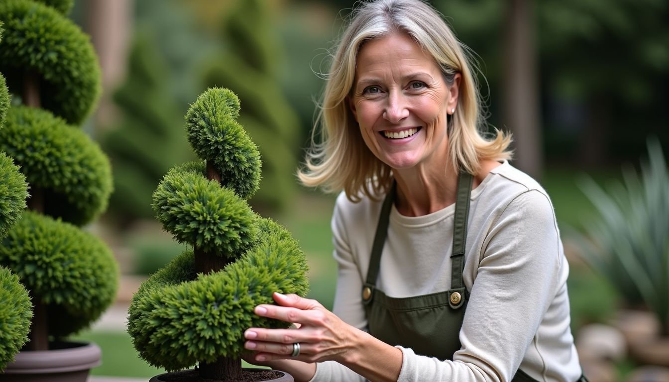 A woman in her 40s arranging faux plants in an outdoor garden.