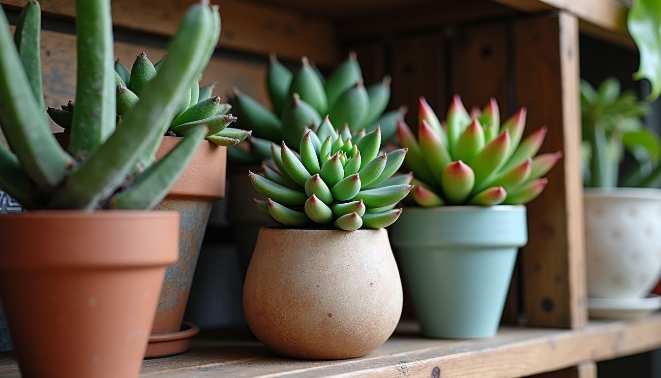 A close-up of a rare succulent among quirky plant pots on rustic shelf.