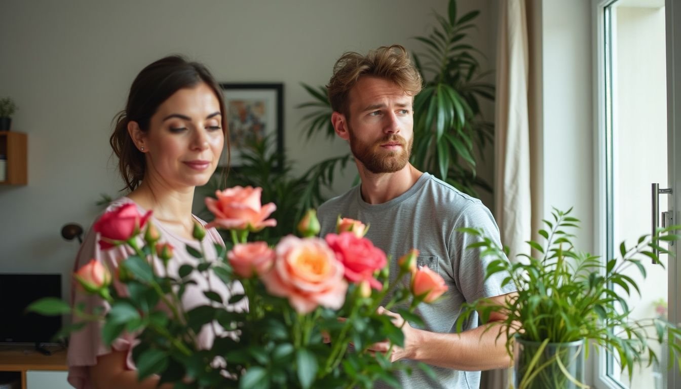 A young couple decorating their modern living room with plants.