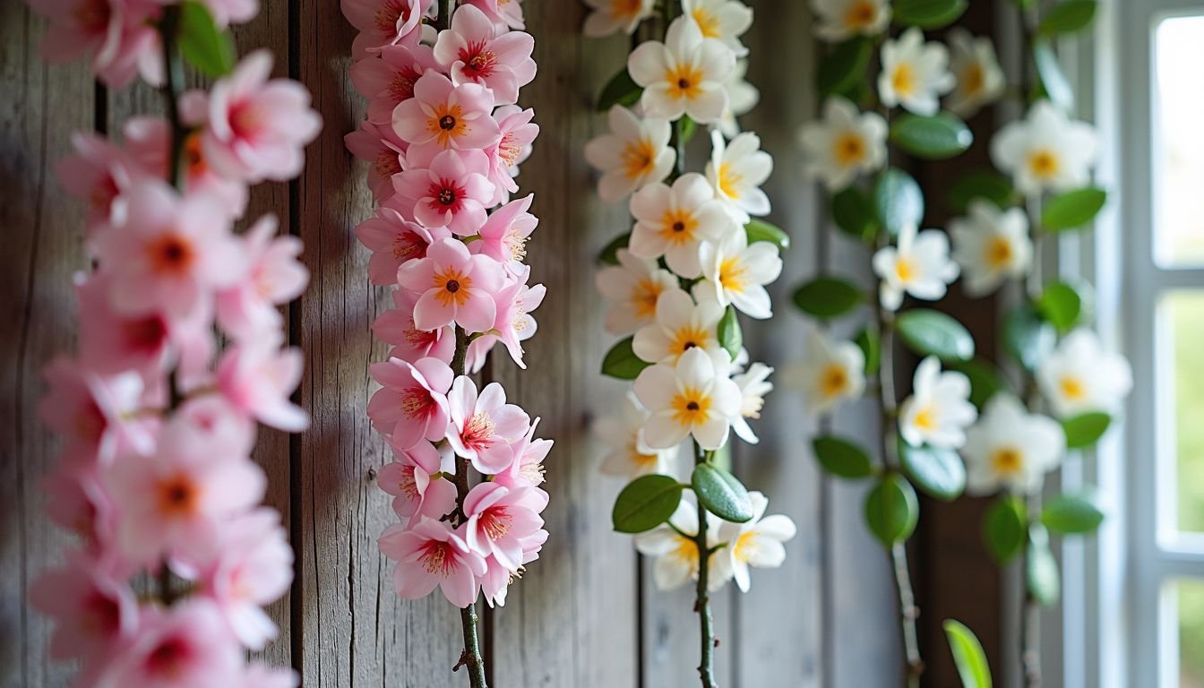 An array of artificial flower vines against a rustic wooden wall.