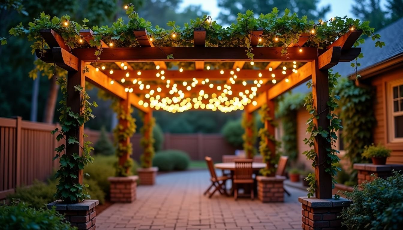 A rustic pergola adorned with artificial grape vines and fairy lights.