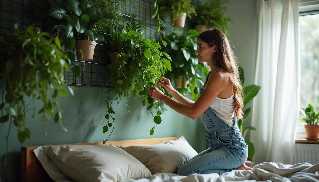 A woman skillfully arranging fake plants on a bedroom wall.