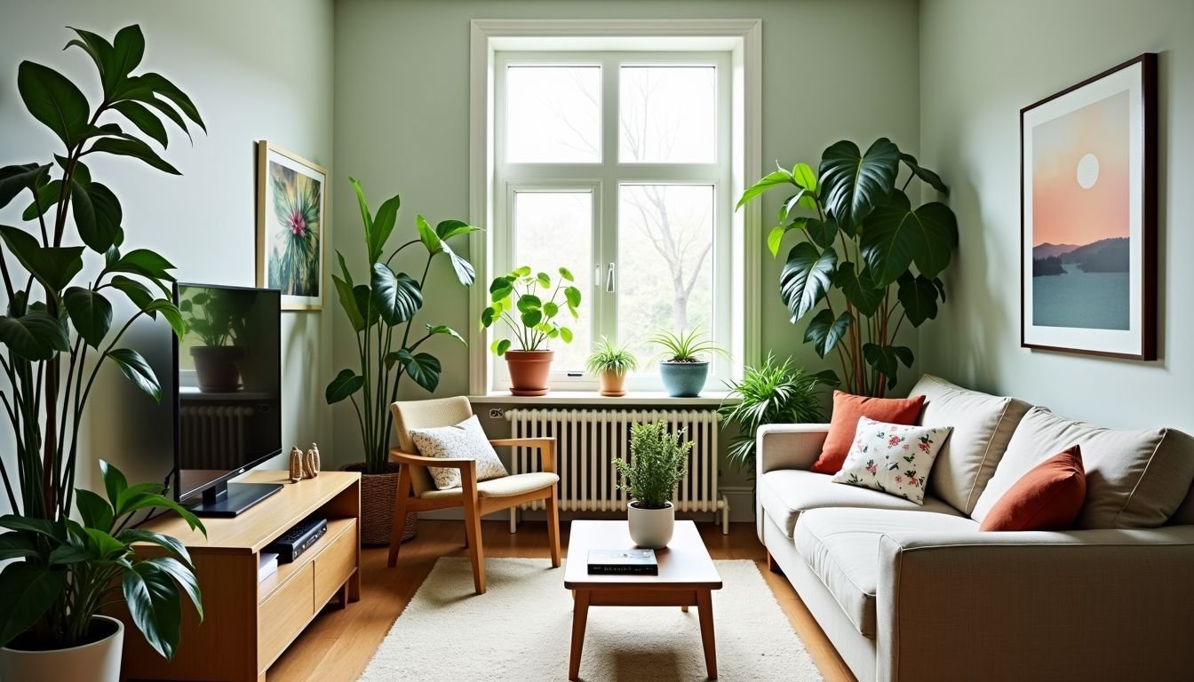 A vibrant living room decorated with various faux plants from Bunnings.