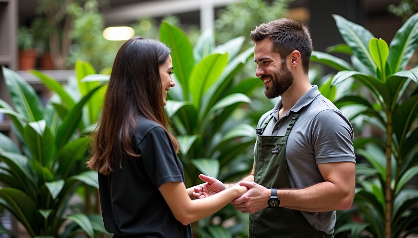 A display of artificial plants at Bindy in Brisbane, with a staff member assisting a customer.