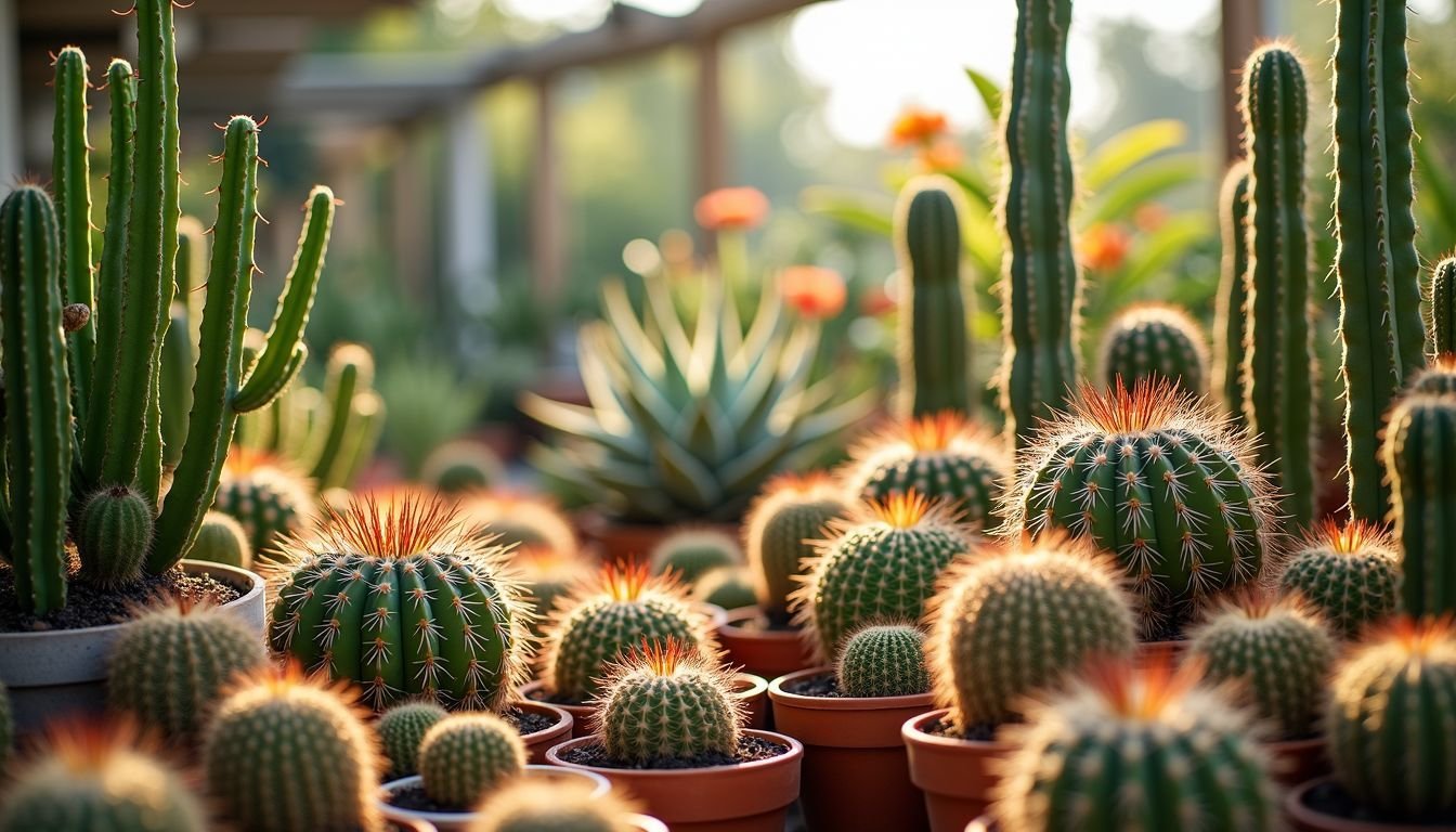 A vibrant nursery filled with diverse cacti and succulents.