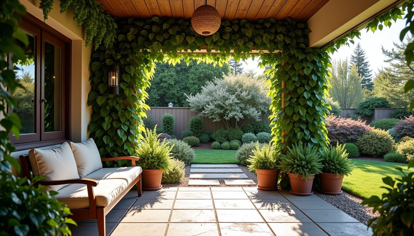 A cozy outdoor patio decorated with realistic artificial vines.