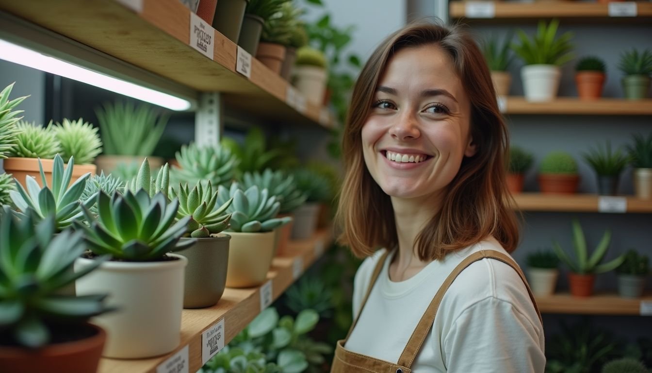 A woman in her 30s browsing artificial succulents in a shop.