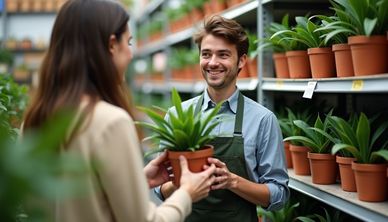 A store assistant helping a customer choose faux pot plants.