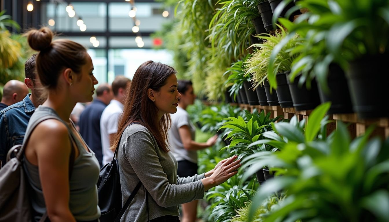 A diverse group of customers browsing lifelike artificial plants at Designer Vertical Gardens in Melbourne.