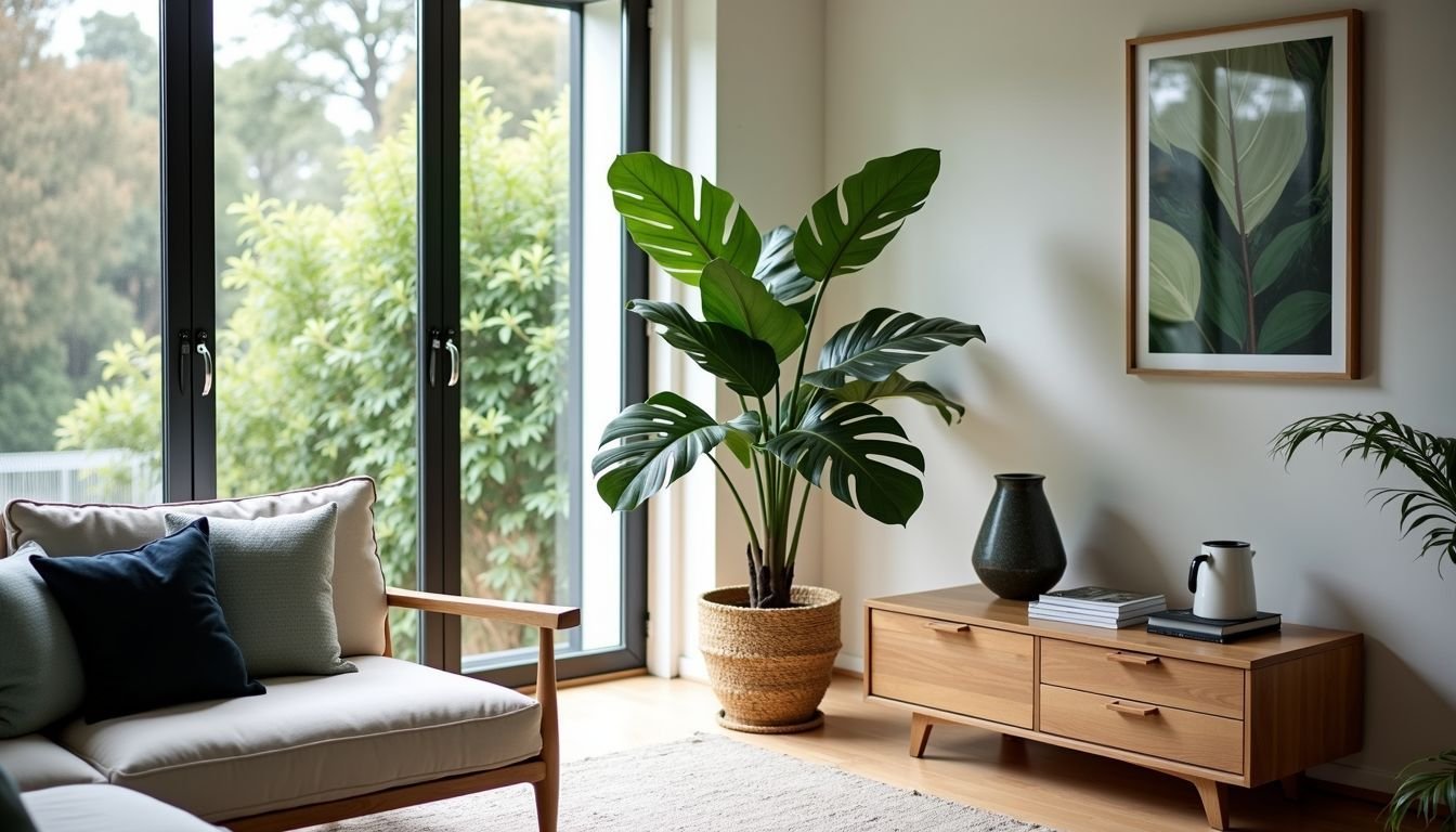 A faux fiddle leaf fig plant in a modern Australian living room.