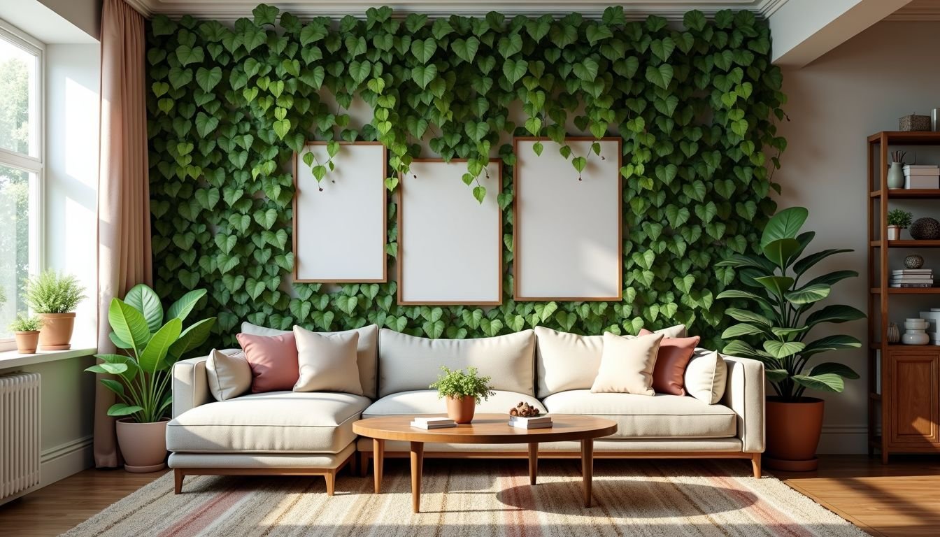 A cozy living room with artificial ivy providing a lush green backdrop.