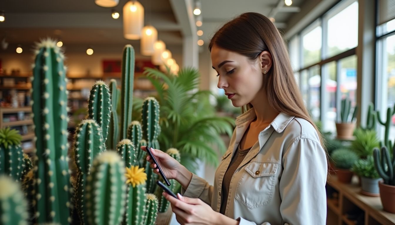 The woman is browsing artificial cacti in a home decor store.