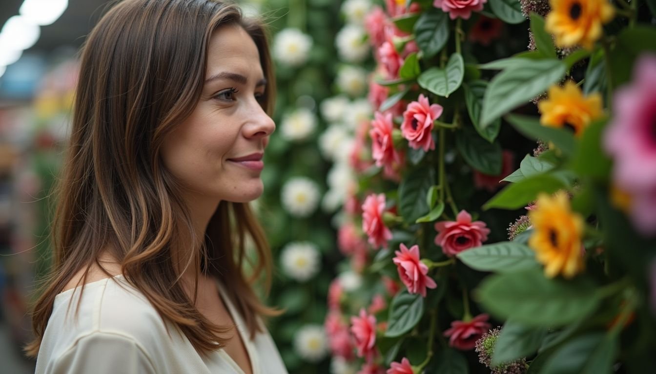 A woman looks at fake flower vines in a wedding supplies store.