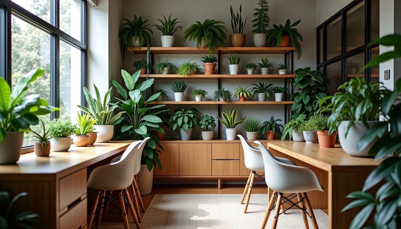 A modern office space with cozy decor featuring artificial plants.