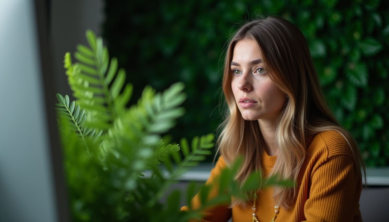 A woman in her 30s looking at artificial plants on her computer.