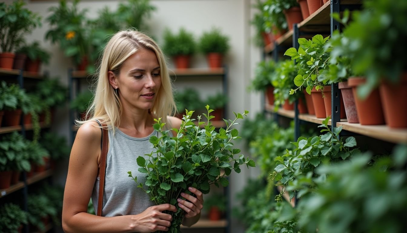 A woman browsing through artificial vines at Interior Gardens in QLD.