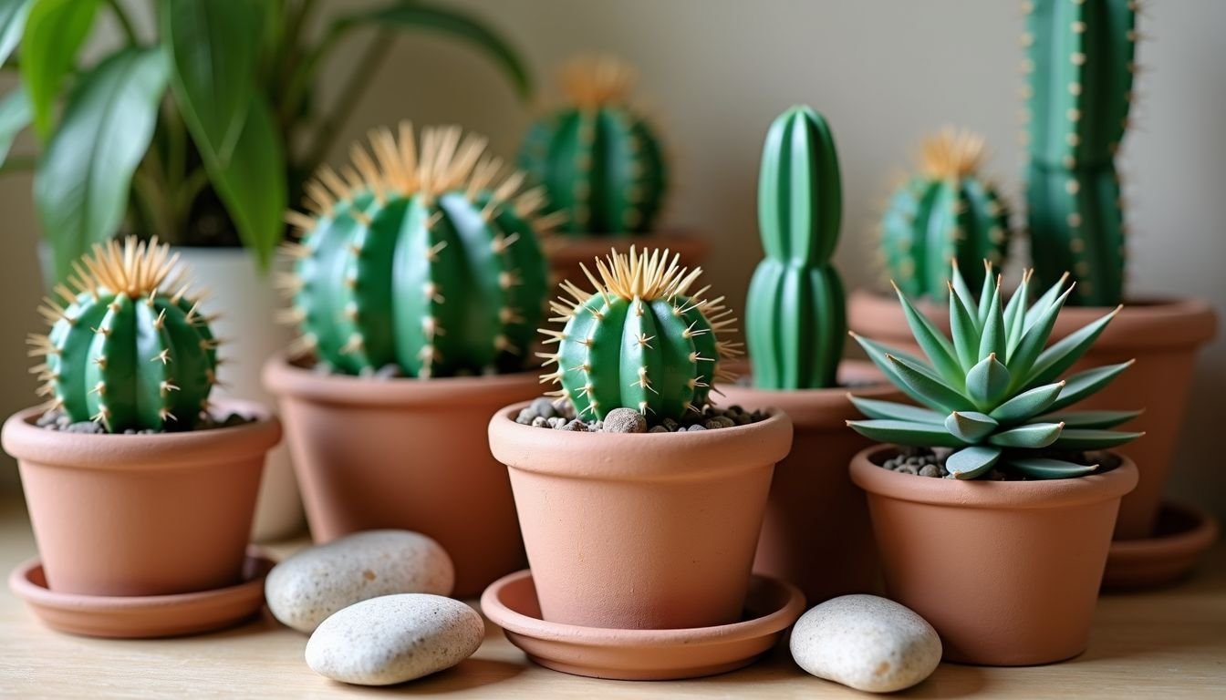 Realistic plastic cacti in rustic pots create inviting home decor.