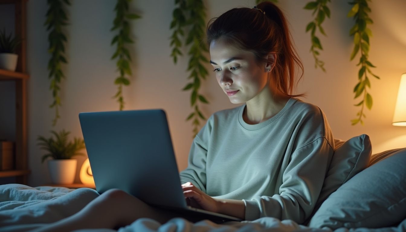 A woman in her 30s casually browsing the internet on her bed.