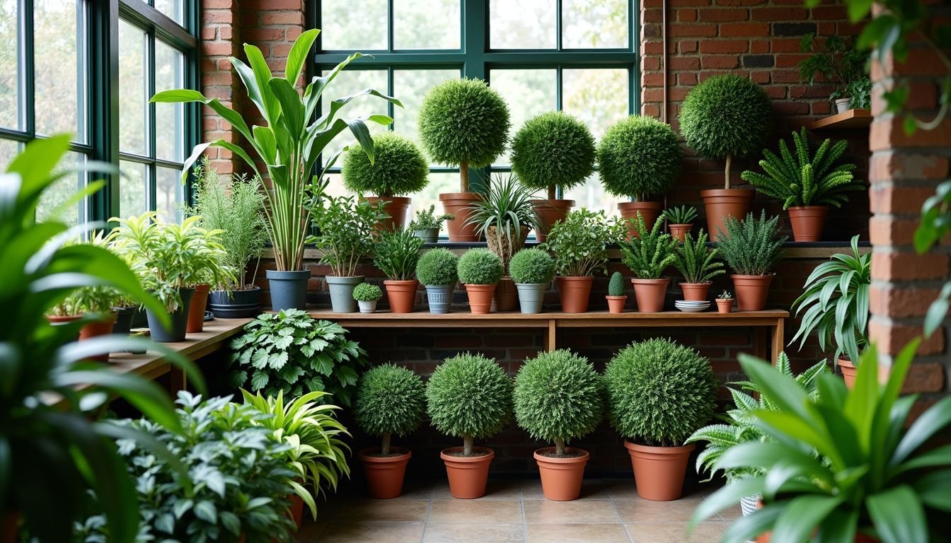 Realistic faux topiary plants arranged on shelves in a local garden center.