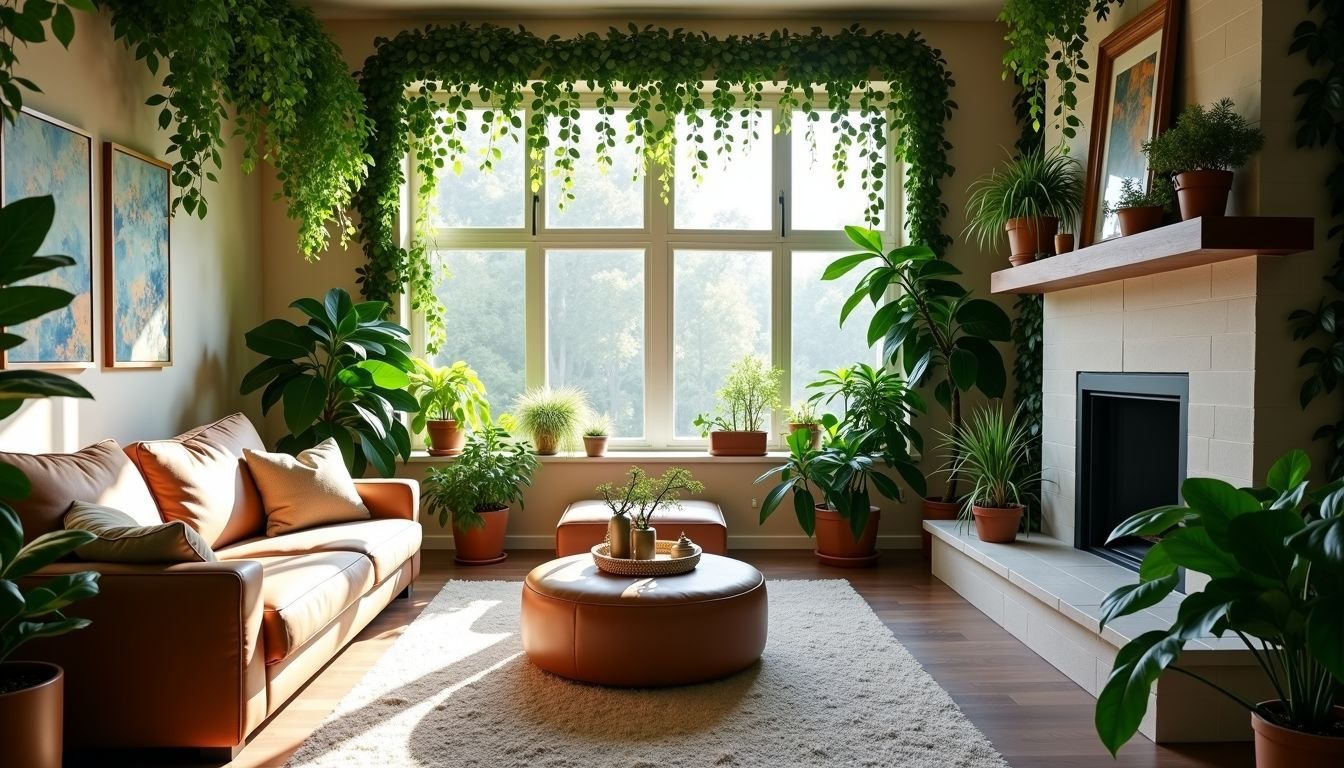 An overhead shot of a modern living room adorned with realistic artificial vines.