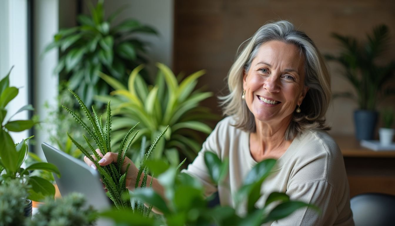 A middle-aged woman decorates her office with realistic artificial plants.