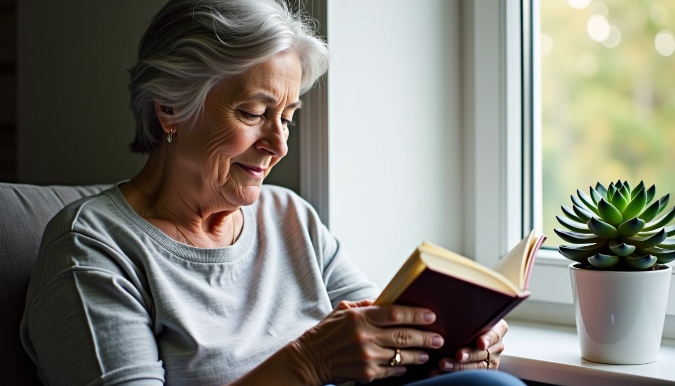 An elderly woman reading by a sunlit window with a succulent.