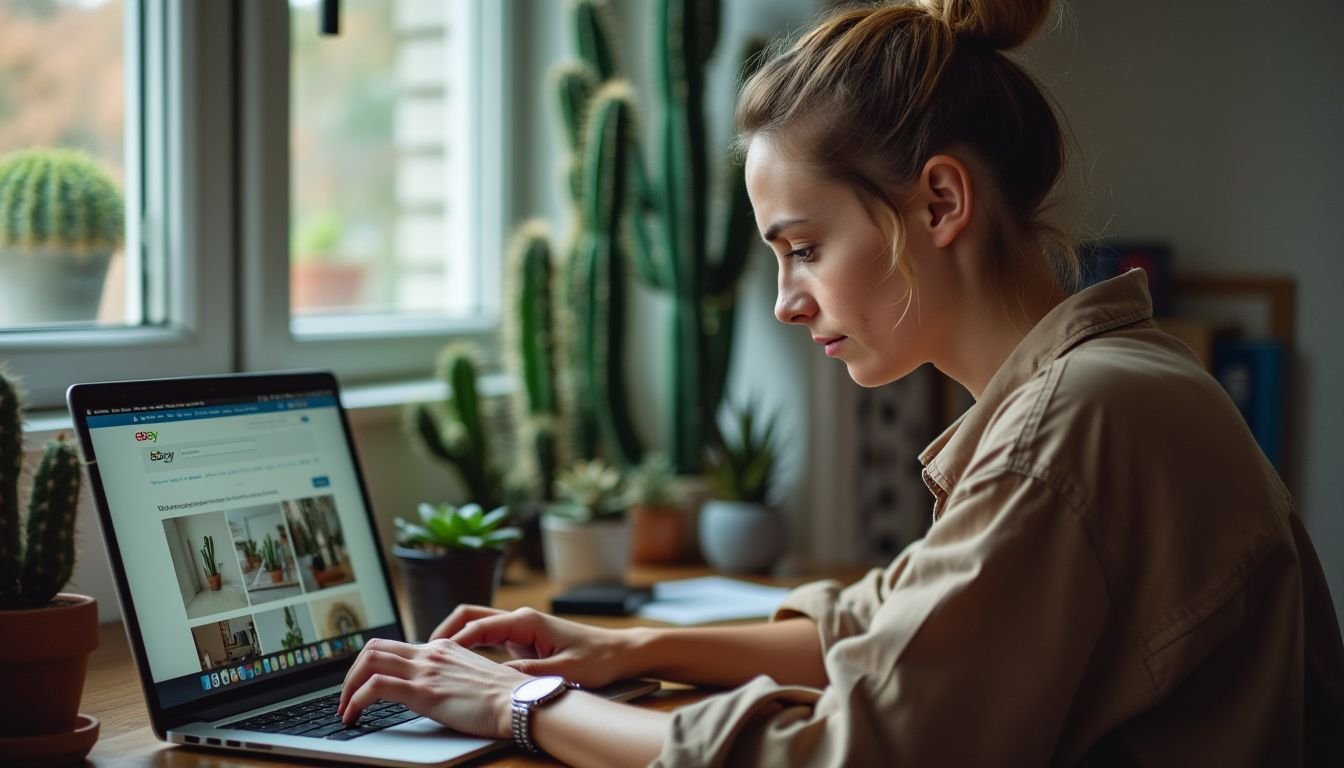 A woman in her 30s is browsing eBay Australia in her home office.