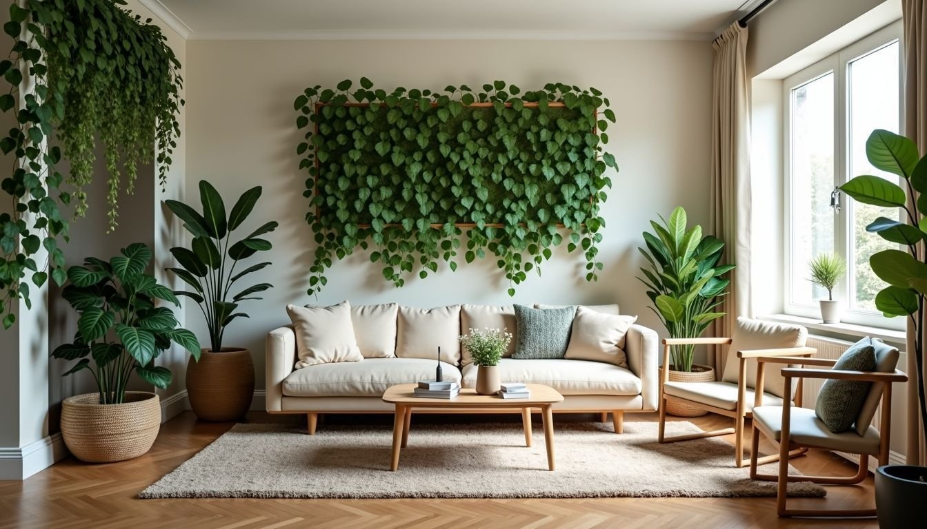 A cozy living room with vibrant artificial vines adding a natural touch.